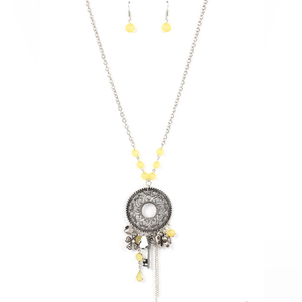 Making Memories Yellow Beaded Silver-Tone Necklace and Earrings Set